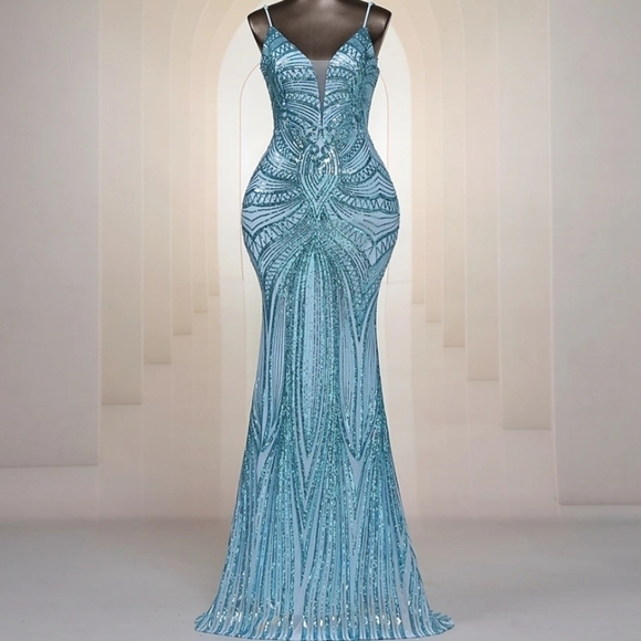 Blue, Geo Print, Sleeveless, Beaded Draped Back, V Neck, Sequined Merma… - Picture 13 of 16